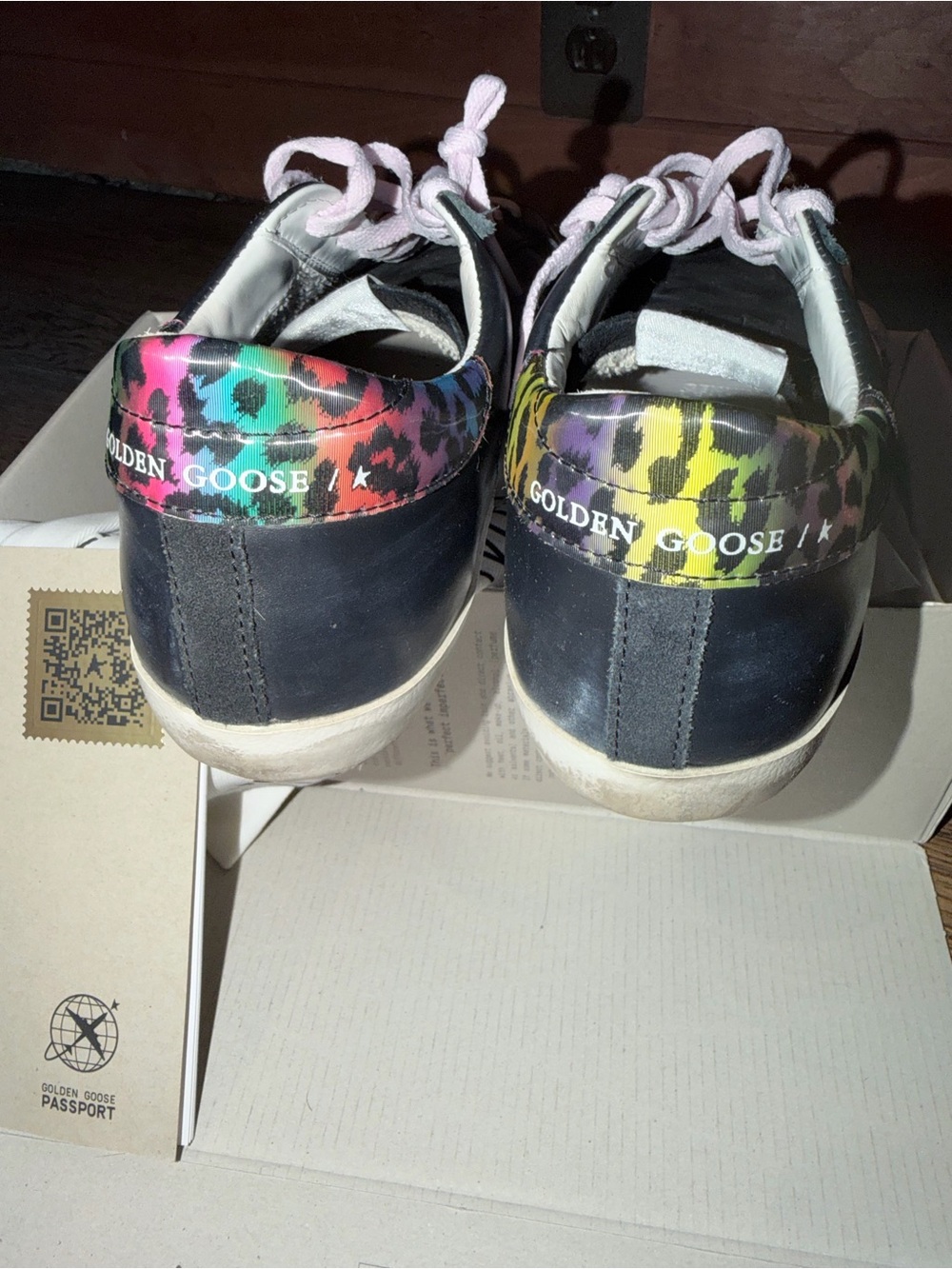 Golden Goose Black Leather Sneakers with Neon Leopard Accents and Pink Laces - Picture 6 of 7